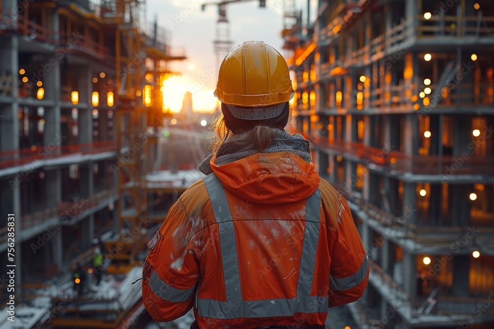 Engineer observing production facility construction, rear view Engineer observing production facility construction, rear view