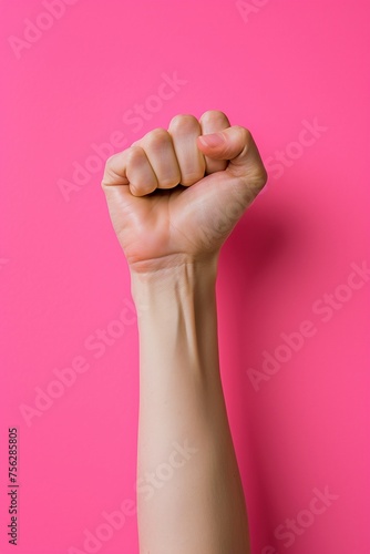 Arm mit geballter Faust einer Frau, pinker Hintergrund. Symbolisch für Frauenpower 