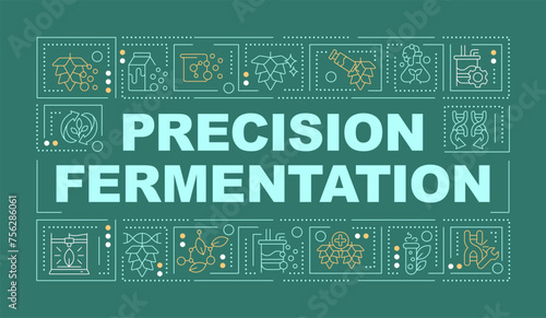 Precision fermentation green word concept. Food production. Typography banner. Flat design. Vector illustration with title text, editable line icons. Ready to use. Arial Black font used