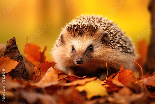 Hedgehog in in the forest. Wildlife in colourful Autumn scenery. Ai Generative