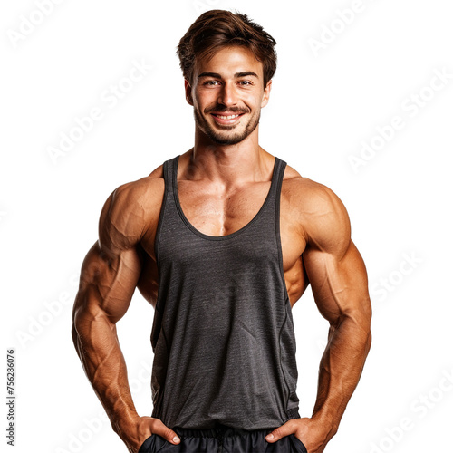 A gym boy with a muscular body and a confident smile, wearing a tank top and shorts. Isolated on transparent background, png file.