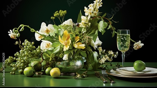 Green bouquet on table. Generative AI