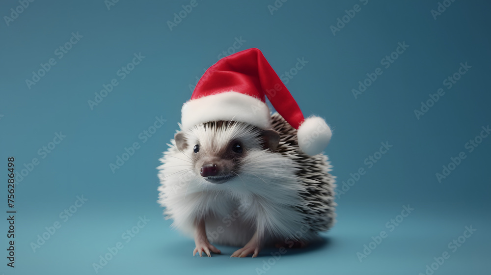 Artistic animal concept. with a place for text. hedgehog wearing Christmas santa claus hat Artistic animal concept. with a place for text. hedgehog wearing Christmas santa claus hat