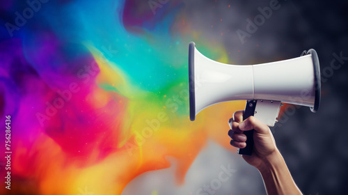 Megaphone in human hand on colorful background 