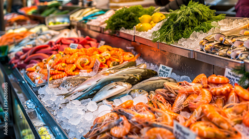 local market stall with fresh fish and seafood with blurred background - local trade and seafood products concept