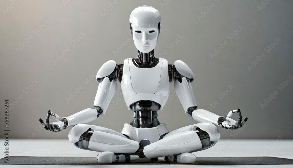 Fototapeta premium Close-up of a humanoid robot in yoga meditation with crossed legs, front view. Artificial intelligence concept. Generative Ai.