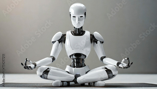 Close-up of a humanoid robot in yoga meditation with crossed legs  front view. Artificial intelligence concept. Generative Ai.