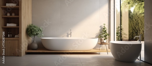 Minimalist bathroom design with white and gray tones featuring a freestanding bathtub and wooden washbasin.