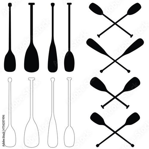 Set of boat paddle silhouettes,. Crossed boat paddle 