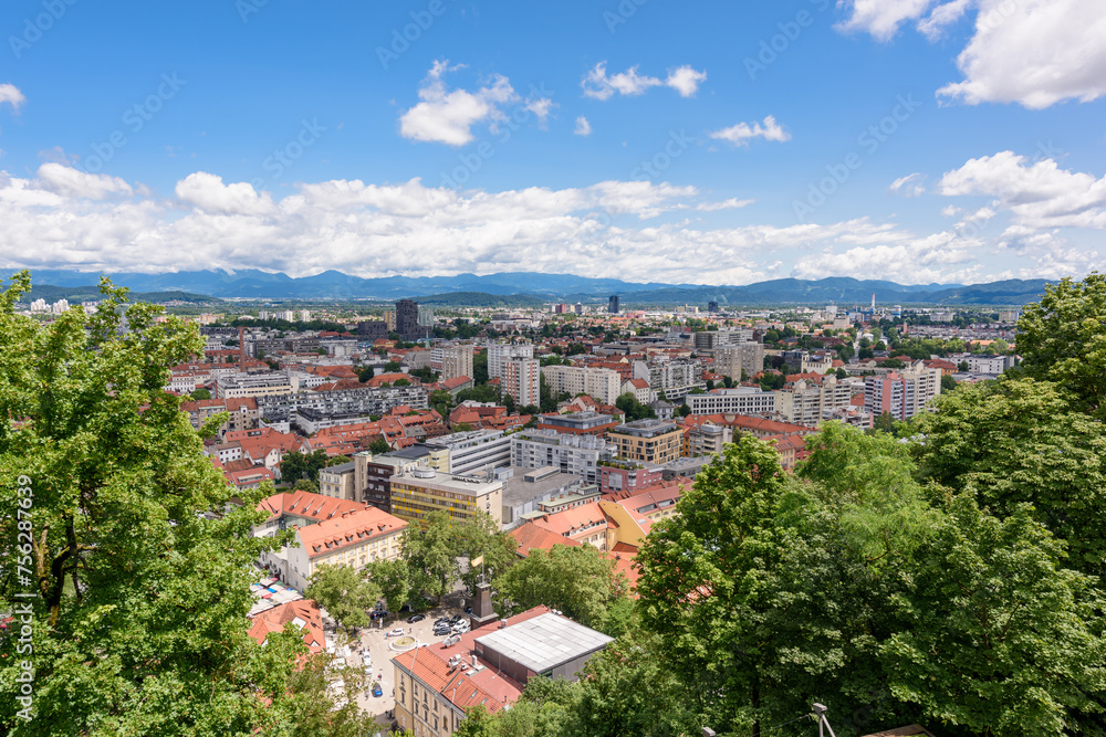 Ljubljana, Slovenia - June 27, 2023: Beautiful crowded downtown Ljubljana City.