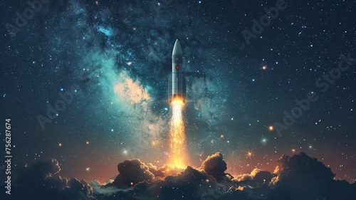 A rocket is flying off into space with clouds, moon and stars on a background