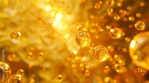 Golden shimmery core bubbles against yellow background. Gold sphere. 