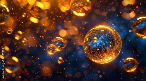 Golden shimmery core bubbles against dark blue background. Gold sphere. 