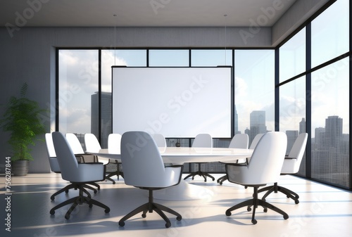 Modern conference room with empty poster and city view. © Goojournoon