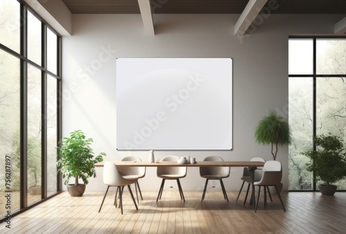 Modern conference room with empty poster and city view.