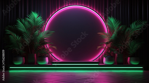 Modern Trendy 3D Design Background with Neon Room