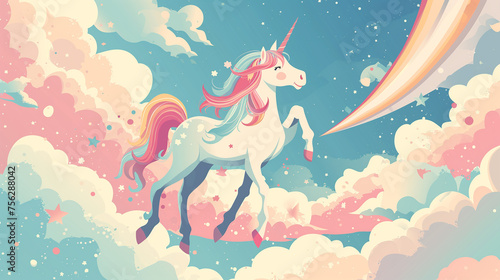 Magical unikorn character illustration on colorful background with a rainbow cloud