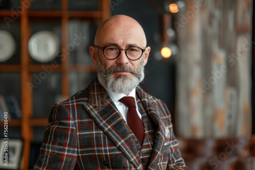 A man with a beard and glasses is wearing a plaid jacket and tie. portrait of positive bearded senior man with bald head in trendy checkered formal suit and tie with eyeglasses