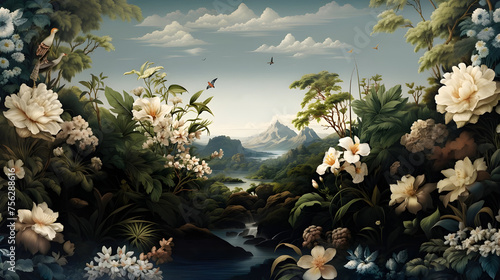 Nature Landscape of Flowers  River and Mountains in Chinoiserie Art Style Digital Illustration 