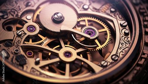 Mechanism, clockwork of a watch with jewels, close-up. Vintage luxury background. Time, work concept. © Ruslan Gilmanshin