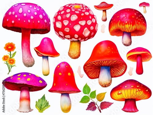 Botanical watercolor illustration vibrant mushrooms & autumn leaves
