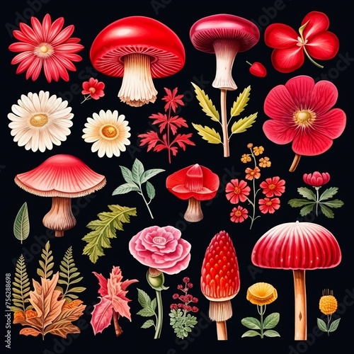 Elegant watercolor mushrooms and botanicals photo