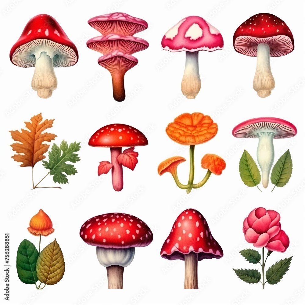 Vintage watercolor mushroom collection