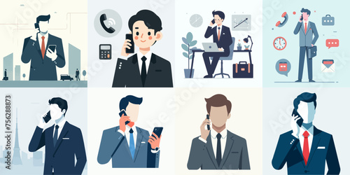 Vector set of businessman making a telephone call in flat design style