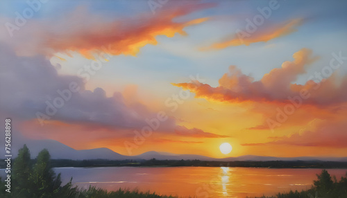 Summer sunset. Oil painting