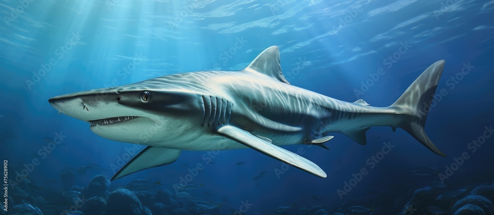 A great white shark, a member of the Lamnidae family, with its electric blue fluid fin, is swimming gracefully in the ocean, showcasing the beauty of marine wildlife A great white shark, a member of the Lamnidae family, with its electric blue fluid fin, is swimming gracefully in the ocean, showcasing the beauty of marine wildlife