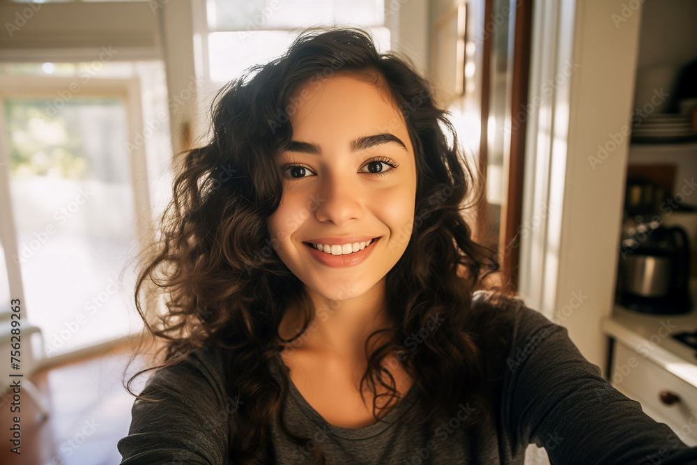 Smiling young happy attractive woman taking selfie at home. Starting the day happy and positive. Smiling young happy attractive woman taking selfie at home. Starting the day happy and positive.