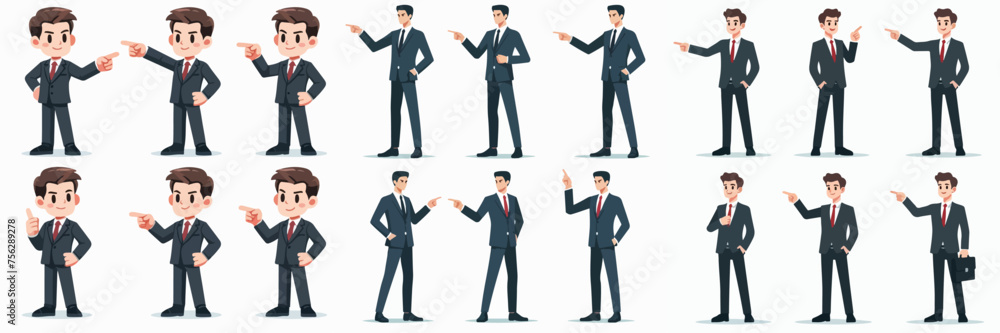 Vector set of businessman pointing with flat design style - obrazy, fototapety, plakaty 