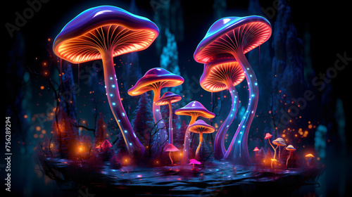 Neon mushrooms on a dark background. © Anas