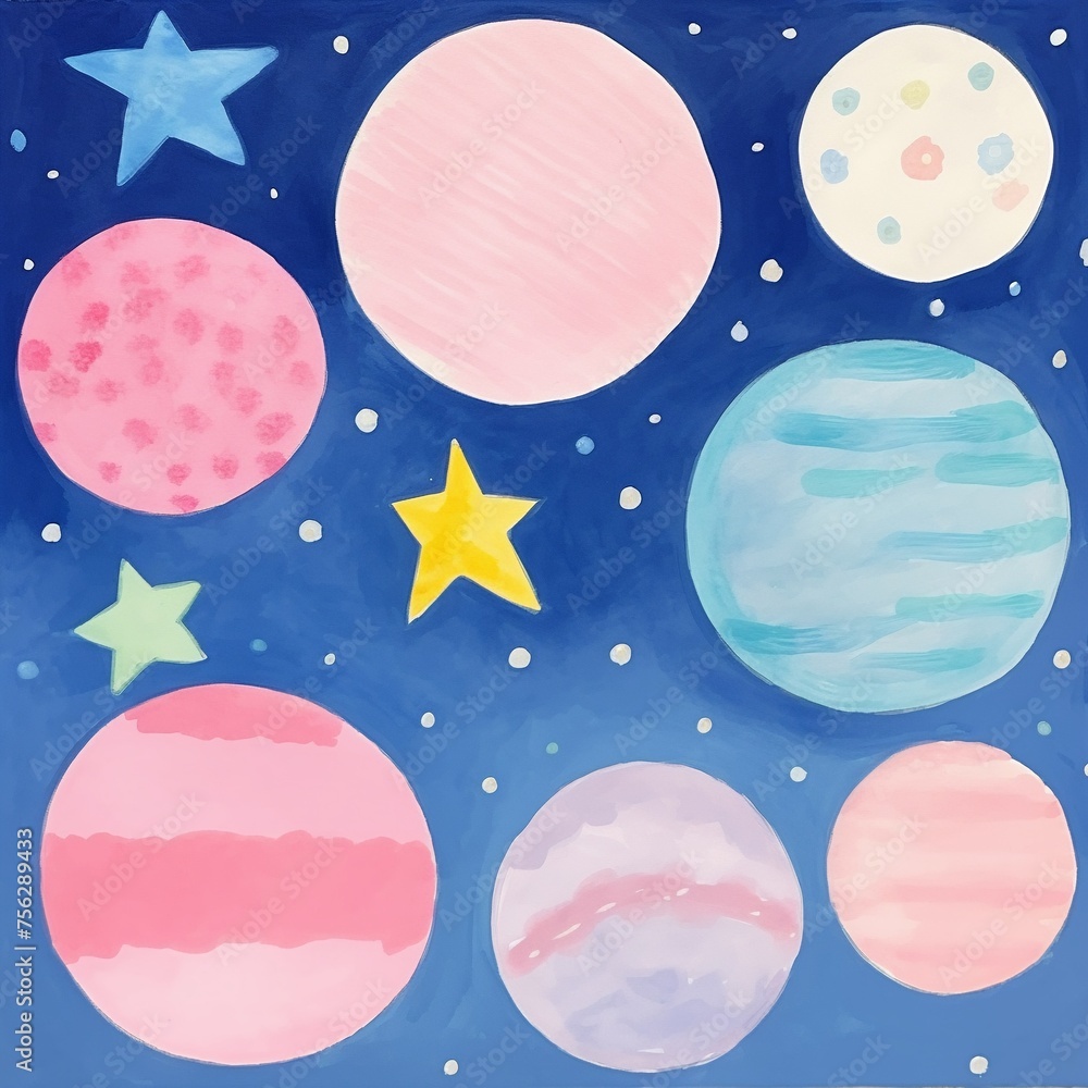 Whimsical night sky in watercolor with moons