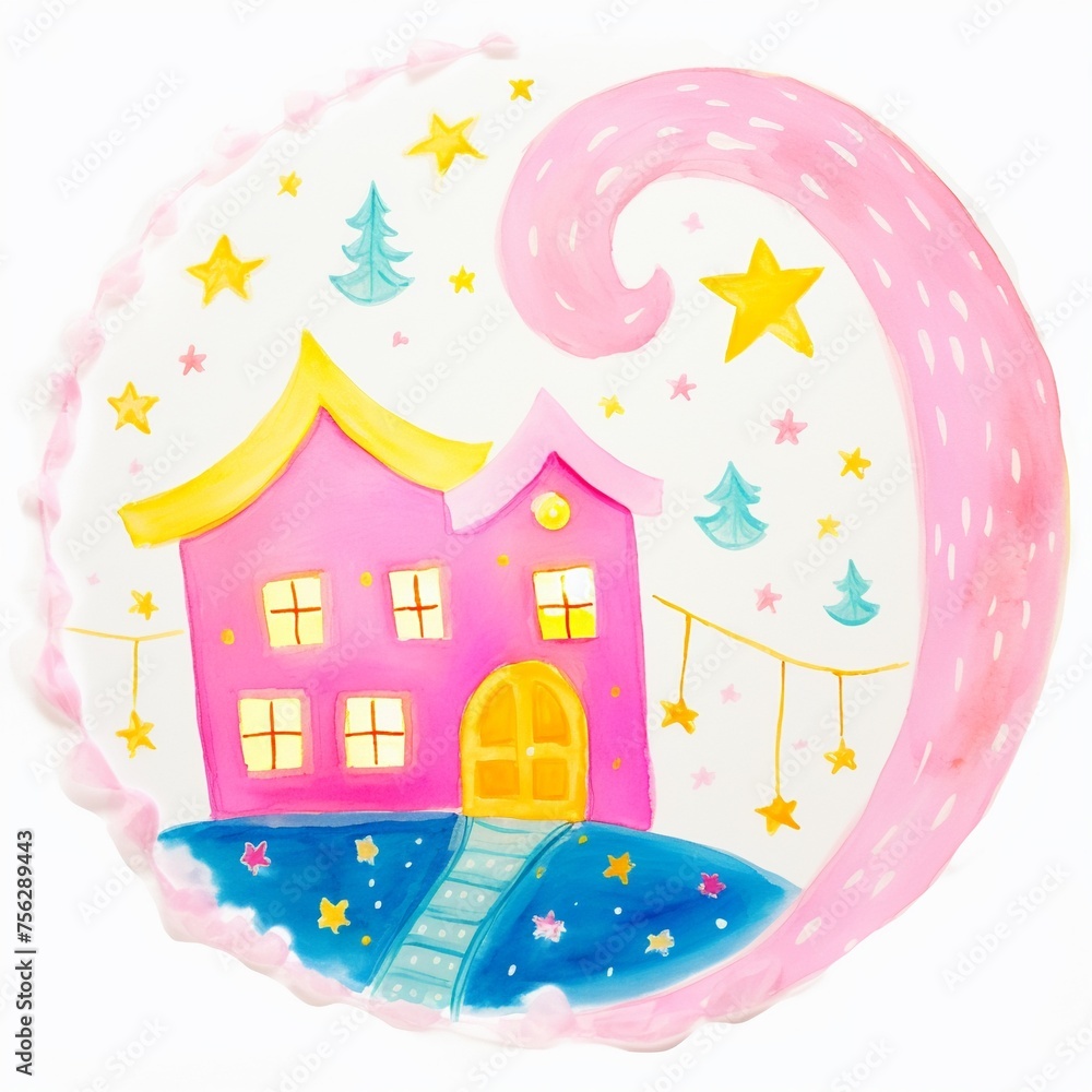 Whimsical watercolor moon and fairy lights