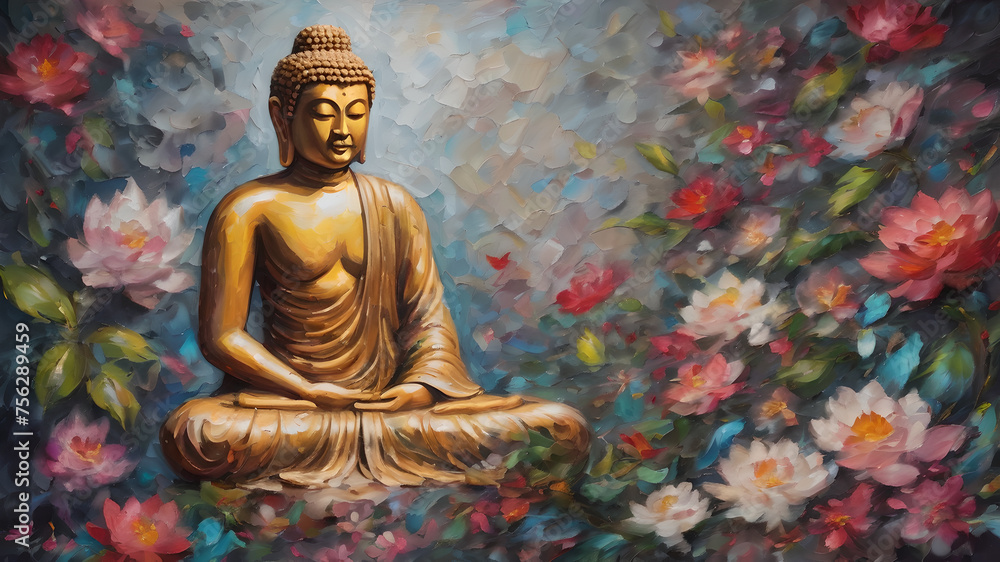 Buddha image, ancient Buddhism surrounded by flowers oil paint