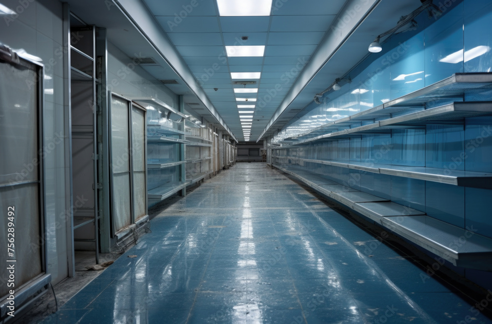 Supermarket with empty shelves for goods. Concept: sale and demand for purchases, deficit, excitement and epidemic, difficult economic situation.