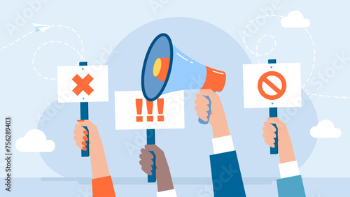 Protest with protesters hands holding megaphone, banners. Strike, revolution, conflict. Crowd of protesters people. People with banners and megaphones. Revolution or protest. Vector illustration