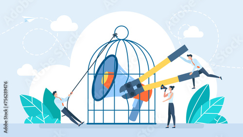Megaphone in a cage. Controlling communications and advertising. A megaphone locked in a birdcage. Struggle for freedom, freedom of speech, media. Tiny people break the cage. Vector illustration