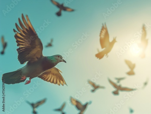 A serene scene of pigeons soaring freely in a glowing sunset sky, symbolizing peace and freedom. © cherezoff