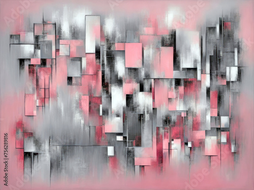 Abstract art style cover design with a pattern of paint rectangles in faded black and rose pink colors 