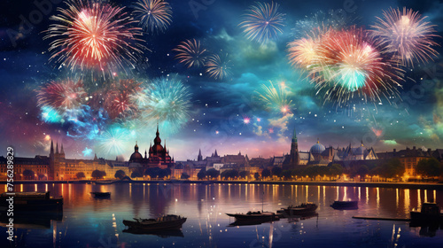 Night view on celebration of new year with colorful fireworks