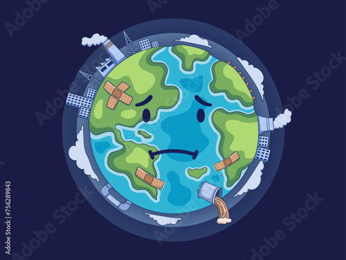 Illustration of the earth suffering from pollution caused by factories emitting smoke, waste, and deforestation destroying forests, with sad expressions. 
Perfect for campaign, banner, poster, etc