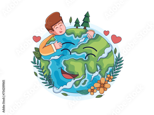 Illustration vector Love Earth with a man showing embracing, care, and expressing a sense of tenderness and compassion towards the planet. 
The Earth is surrounded by nature elements.