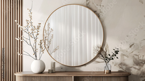 Oval shape mockup photo frame glass border, on dresser in modern living room, 3d render