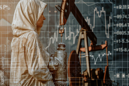The oil field stands prominently against the backdrop of financial data, symbolizing the intersection of industry and commerce.