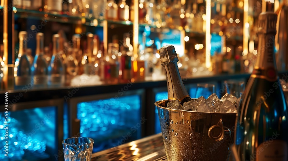 a bottle of champagne in a bucket with ice on the bar