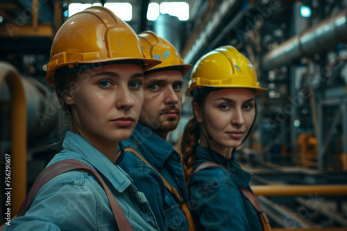 Workers wearing yellow helmets and blue uniforms stand against the backdrop of the factory floor, exuding a sense of unity and purpose in their industrial environment.