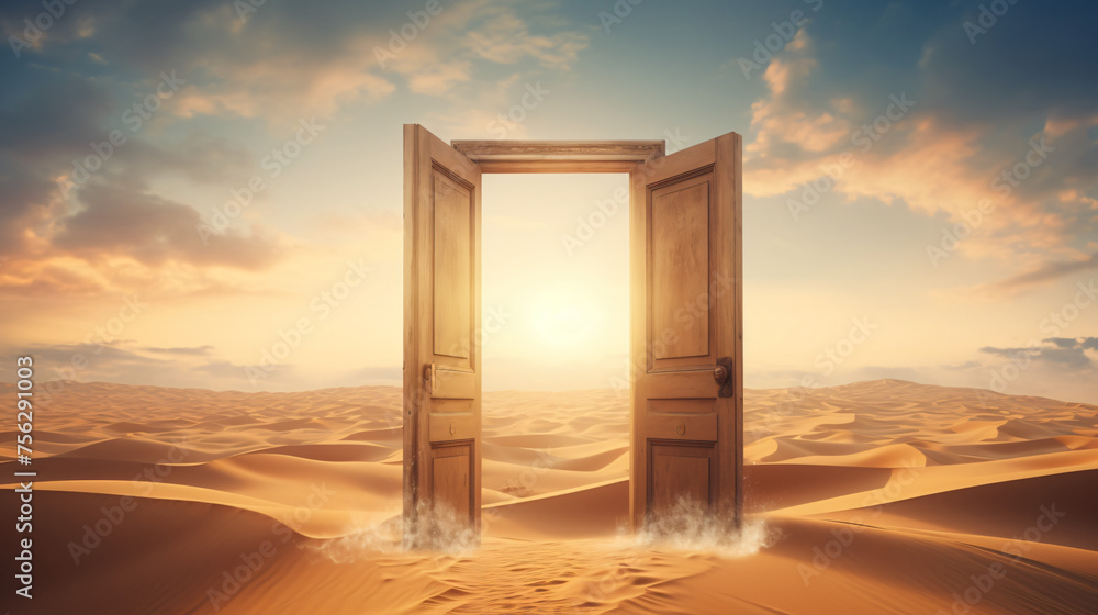 Opened door on desert. Unknown and start up concept
