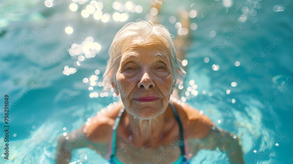 portrait of an old woman swimming in a pool portrait of an old woman swimming in a pool